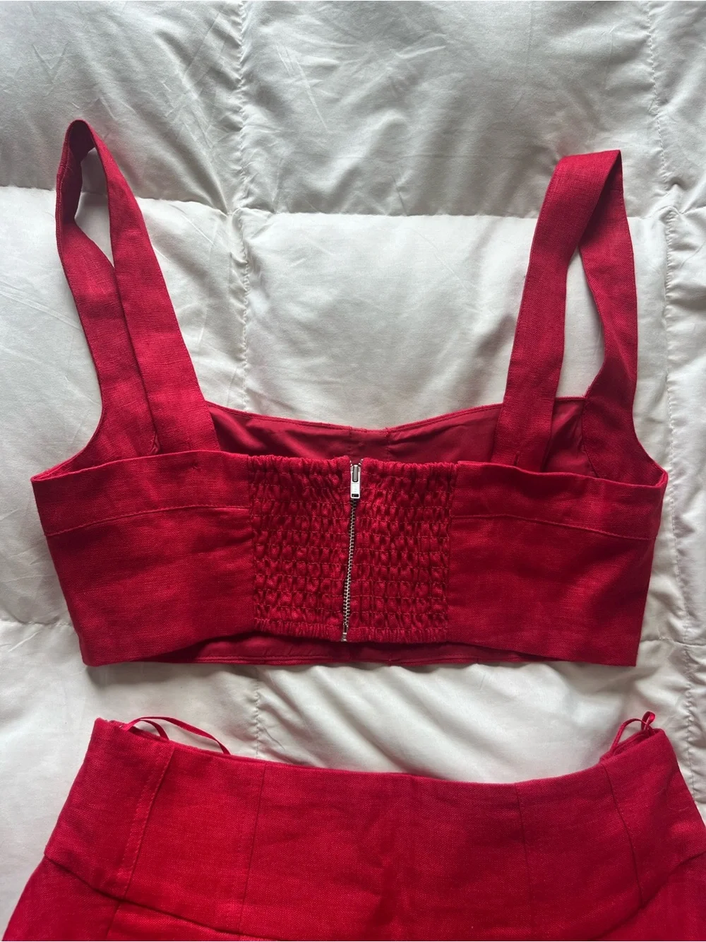 Reformation Red Structured Bralette and Pleated Midi Skirt Set Linen